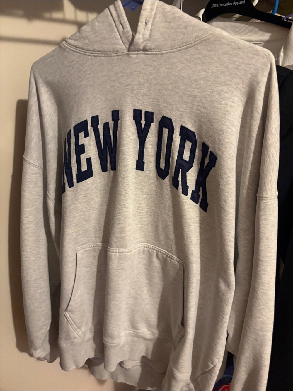 oversized Brandy NEW YORK Hooded Sweatshirt - Light Gray with Navy Lettering